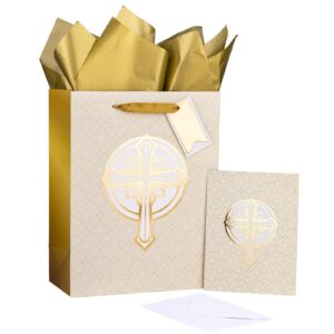 lezakaa 13" cross gift bag, gold christian gift bag with tissue paper, gift tag and card for christenings, religious first holy communion, confirmation, weddings, clergy day