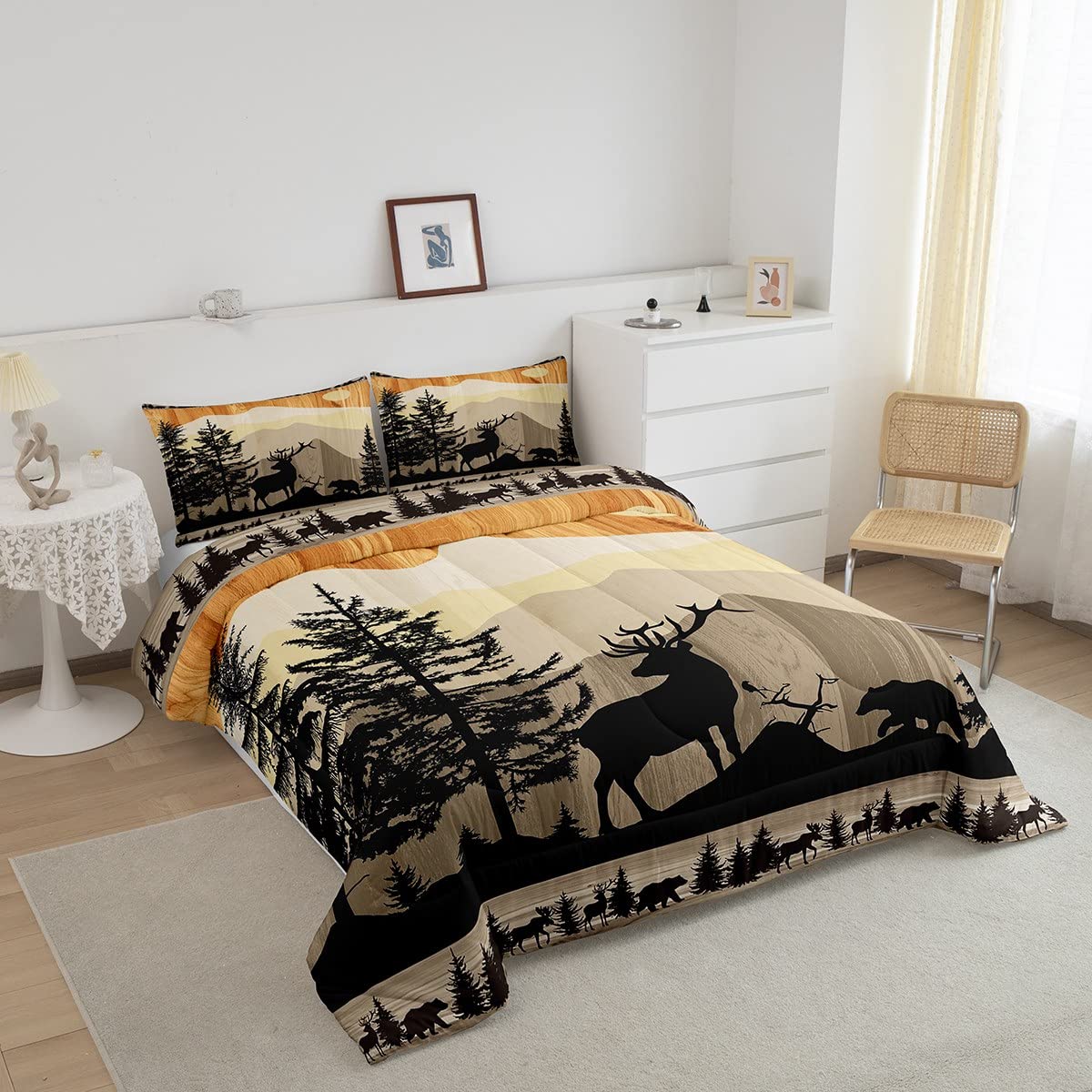 Wild Deer Comforter Set King Size Rustic Farmstyle Bedding Set for Adult Women Teens, Wildlife Deer Bear Print Duvet Insert Western Farmhouse Theme Quilt 3 Pcs Old Barn Door Print Comforter Set