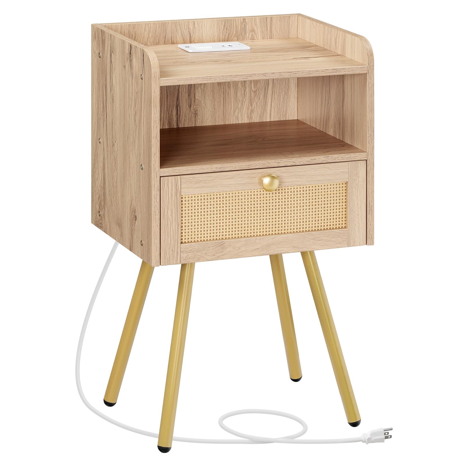 HOOBRO Nightstand with Charging Station, Side Table with Rattan-Like Decor Drawer, Rattan End Table with Open Storage, Bedside Table for Bedroom, Study Room, White Oak DO92UBZ01