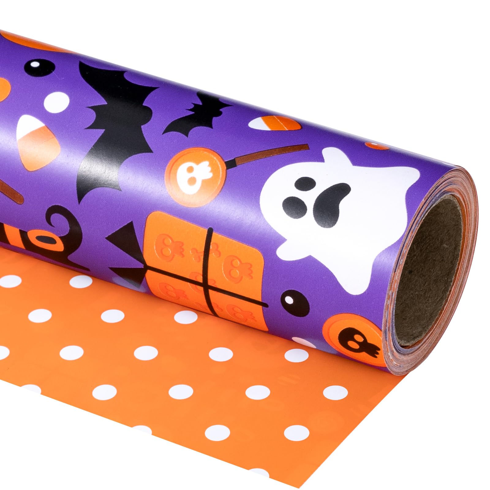 RUSPEPA Reversible Wrapping Paper Roll - Mini Roll - Pumpkin, Witch Hat, Bat and Ghost Pattern Great for Halloween, Party, Baby Shower - 17 Inches X 32.8 Feet