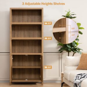 SICOTAS Bookcase 5 Tier Bookshelf Rattan Boho Tall Book Case Shelf with Doors Storage Large Wood Bookcases Farmhouse Bookshelves Library Shelves for Living Room Bedroom Home Office Kitchen (Oak 2PCS)