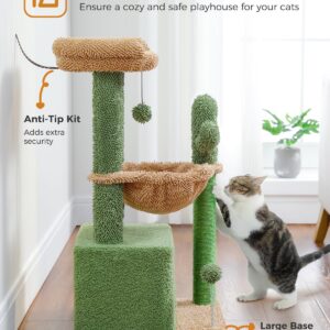 PEQULTI 4-in-1 Cactus Cat Tree, 33'' Cat Tower for Indoor Cats with Large Cat Condo, Cat Scratching Post for Cats with Deep Hammock& Cozy Top Perch,Green