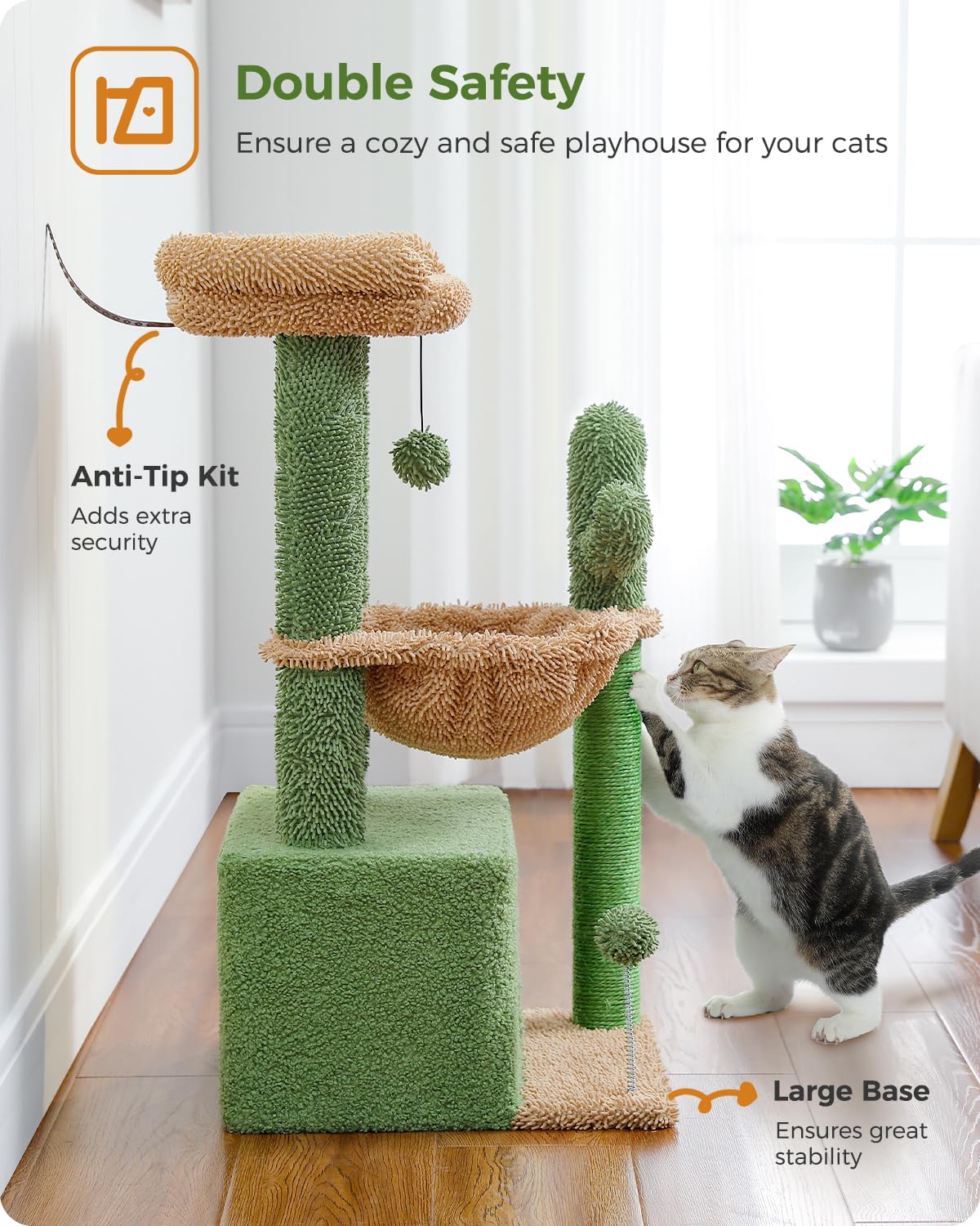 PEQULTI 4-in-1 Cactus Cat Tree, 33'' Cat Tower for Indoor Cats with Large Cat Condo, Cat Scratching Post for Cats with Deep Hammock& Cozy Top Perch,Green