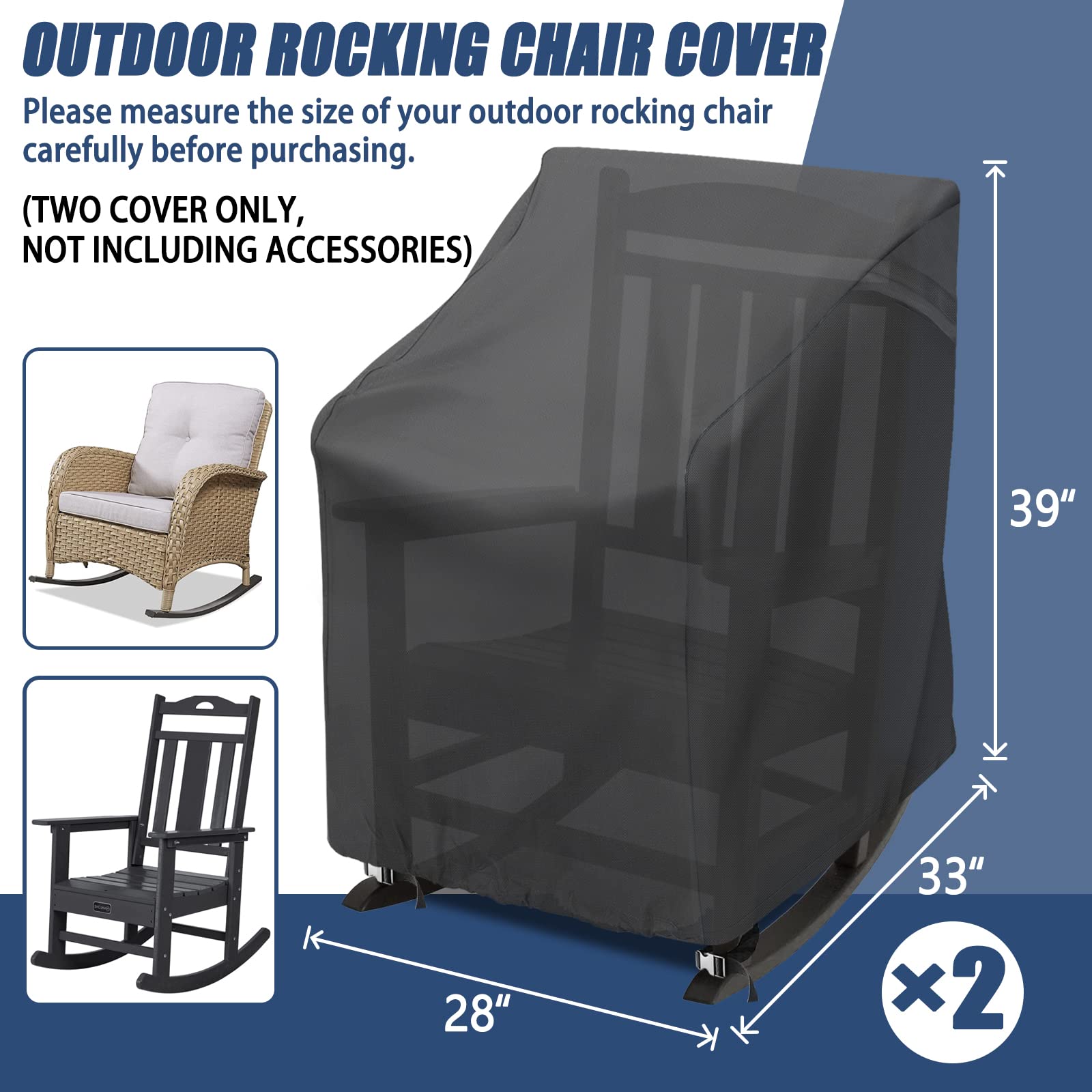 TORUTA 2 Pack Patio Rocking Chair Cover 27.5" L x 32.5" D x 39" H 420D Waterproof Oxford Fabric Production Outdoor Furniture Rocking Chair Covers - Black