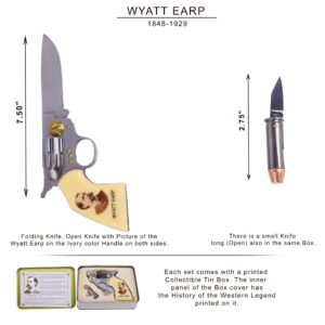 Trendy Zone 21 Folding Wyatt Earp Folding Knife, 7.5 inch Open Pocket Knife with Printed Portrait of Wyatt Earp| Comes with Small Knife 2.75" long (Open) with a printed Collectible Tin Box