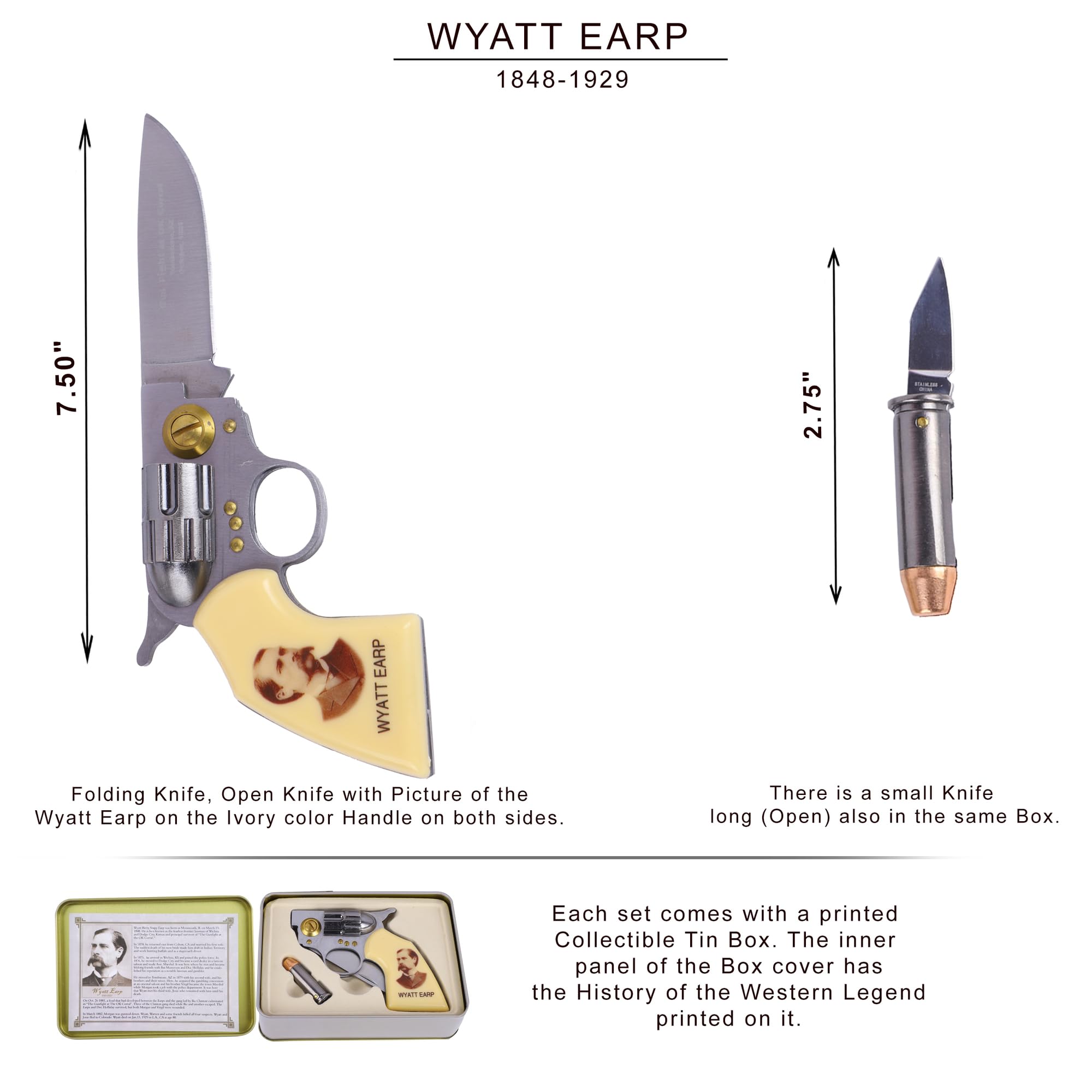 Trendy Zone 21 Folding Wyatt Earp Folding Knife, 7.5 inch Open Pocket Knife with Printed Portrait of Wyatt Earp| Comes with Small Knife 2.75" long (Open) with a printed Collectible Tin Box