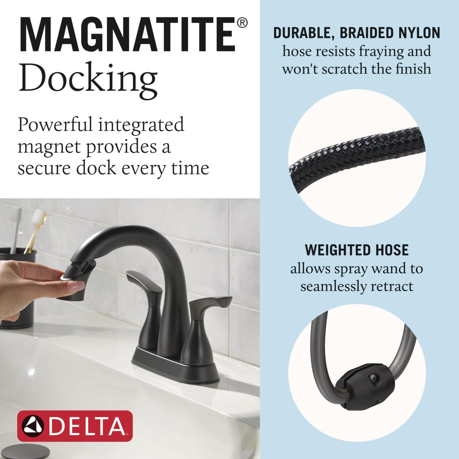 Delta Faucet Broadmoor Pull Down Bathroom Faucet Black, Bathroom Pull Out Faucet, Bathroom Sink Faucet with Pull Down Sprayer, Centerset Bathroom Faucet with Magnetic Docking, Matte Black 25765LF-BLPD