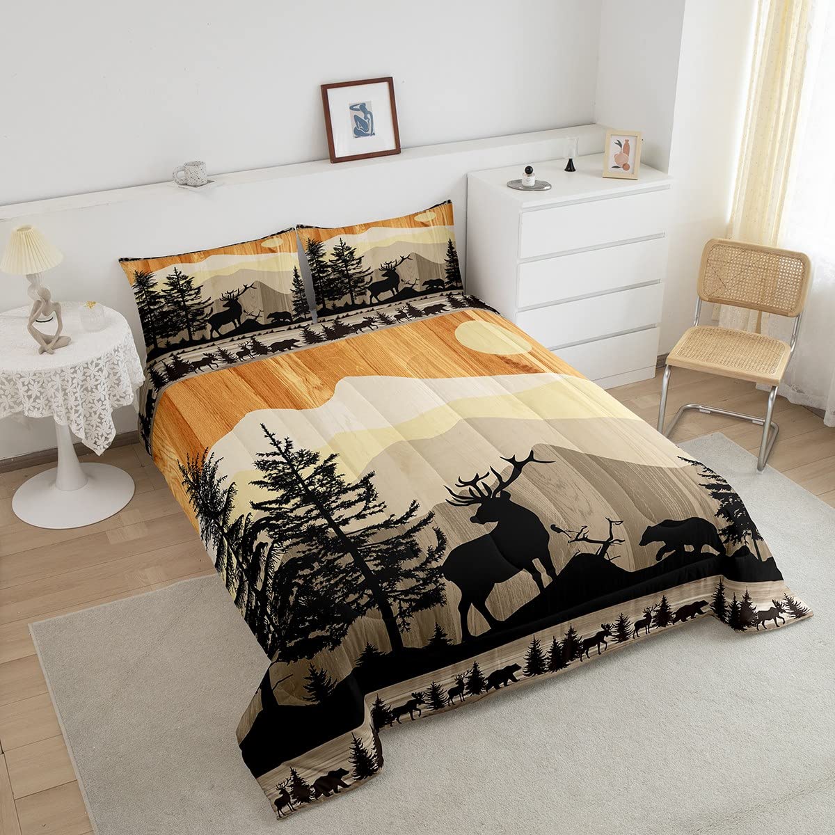 Wild Deer Comforter Set King Size Rustic Farmstyle Bedding Set for Adult Women Teens, Wildlife Deer Bear Print Duvet Insert Western Farmhouse Theme Quilt 3 Pcs Old Barn Door Print Comforter Set