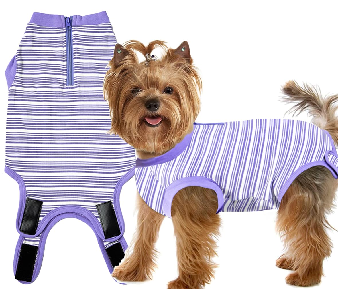 Wabdhaly Dog Surgery Recovery Suit,Surgical Recovery Suit for Small Female Dgos Spay,Zipper Closure,Combed Cotton Breathable Onesie,Purple Striped XS