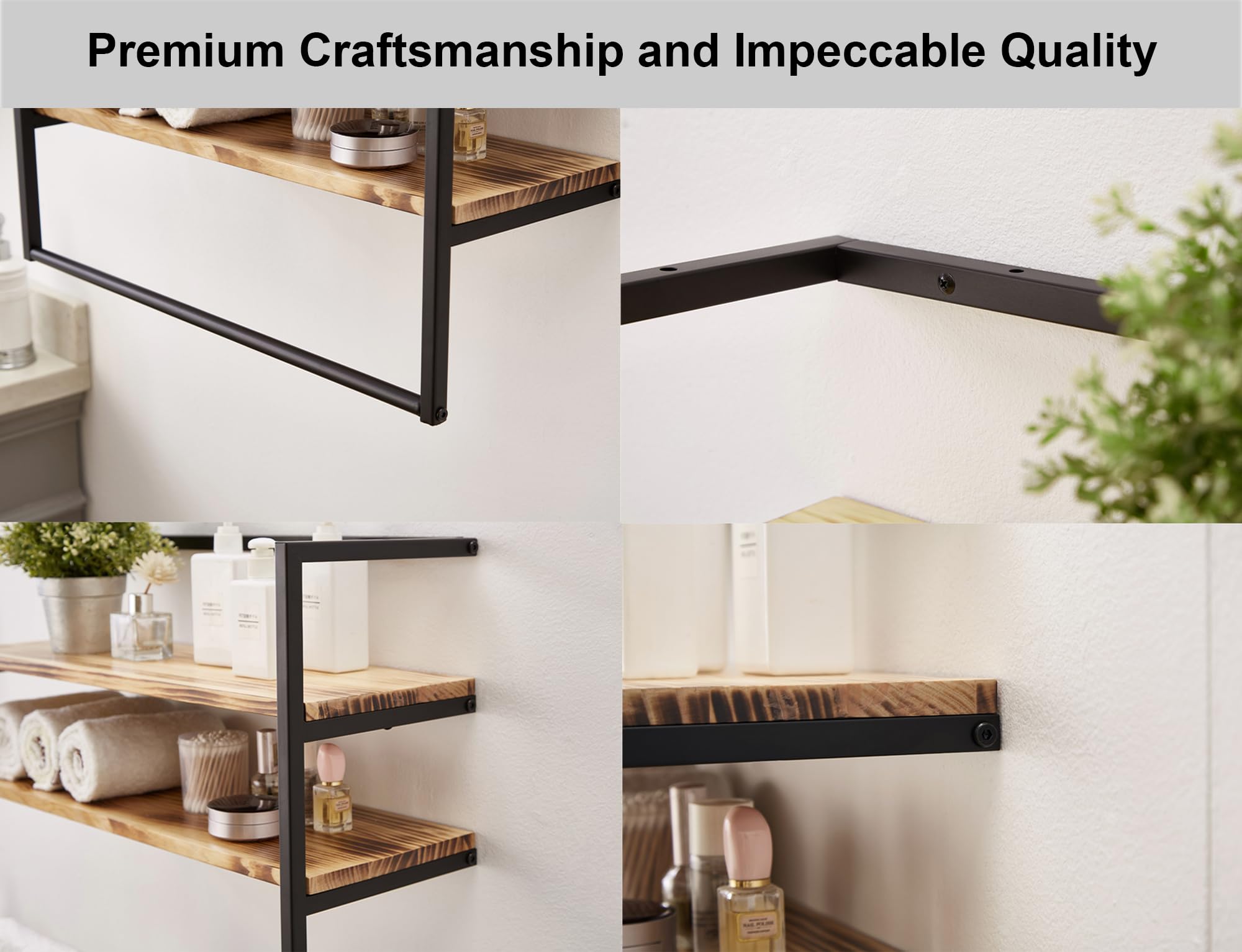 Metal Industrial 2 Tier Bathroom Shelves Wall Mounted,24" Bathroom Shelf with Towel Bar,Wall Shelf Towel Rack Over Toilet,Floating Shelves Towel Holder,Solid Wood Shelves with Metal Frame,Black