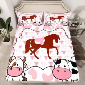 Horse Fitted Sheet Twin Size Kids Cow Print Bedding Set for Boys Girls Teens Cute Farmhouse Animal Bed Sheet Set Breathable Bed Cover Deep Pocket Pink Western Decor Room Decor