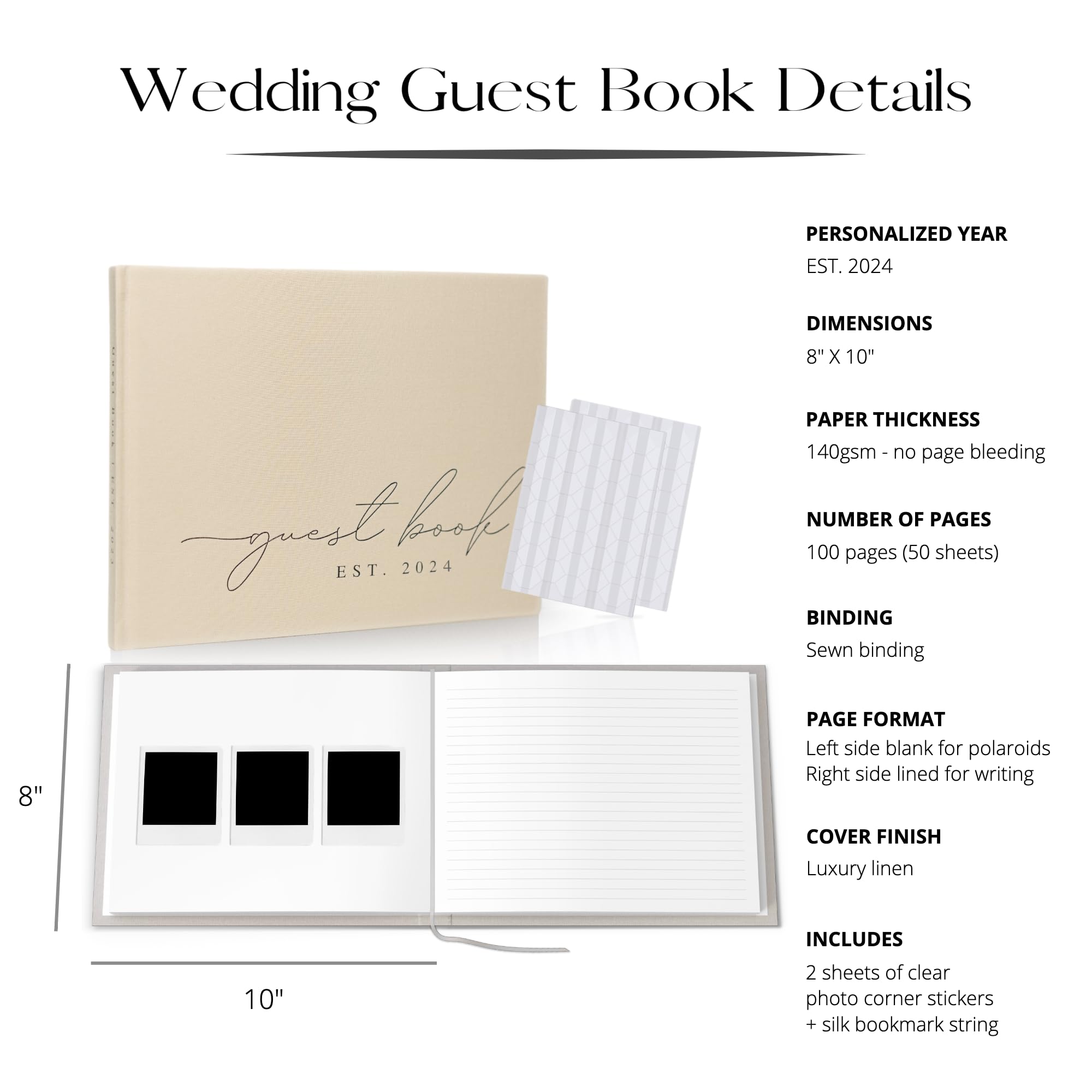 Wedding Guest Book With Personalized 2024 Year - Linen Photo Guestbook to Sign at Reception Party - Includes Clear Photo Corners Self Adhesive - 100 Pages Blank and Lined Thick Paper Guest Books