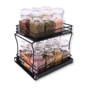 wondersome pull-out spice rack organizer for cabinet shelf - matt black - 2-tier kitchen jars organization and storage tray - ez-slide rolling drawer wheels - assembles in moments - us-based brand