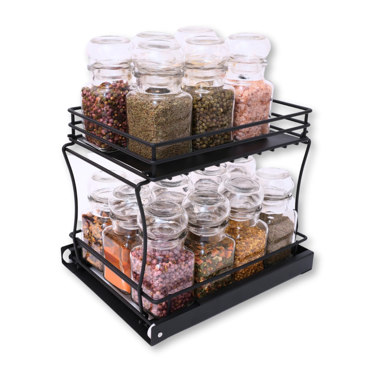 Wondersome Pull-Out Spice Rack Organizer for Cabinet Shelf - Matt Black - 2-Tier Kitchen Jars Organization and Storage Tray - EZ-Slide Rolling Drawer Wheels - Assembles in Moments - US-Based Brand