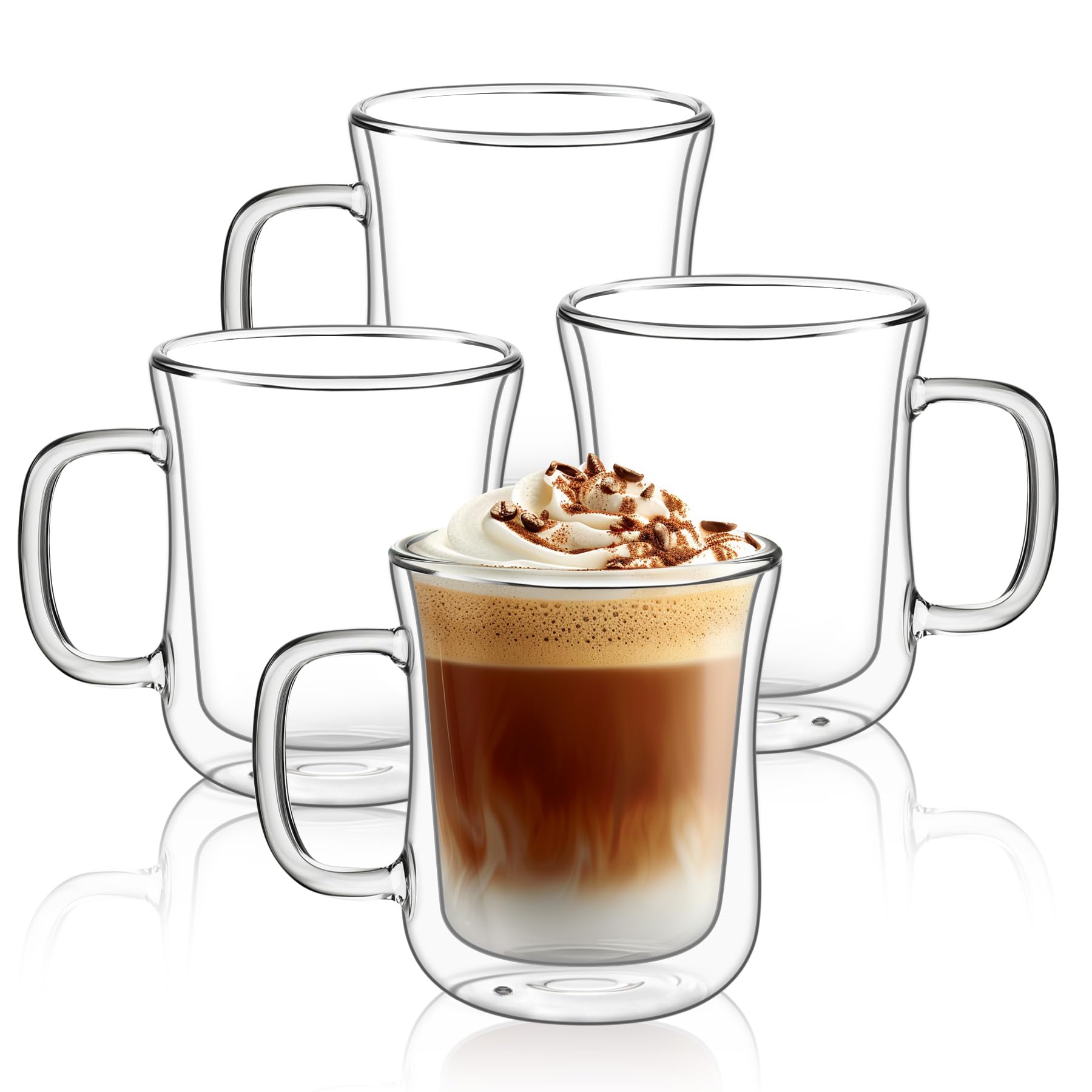 ComSaf glass coffee cups 12 oz with handle, latte cup Set of 4, Double Walled Glass Coffee Mugs, clear coffee mug for Americano, Lungo, Mocha, Machiato,Cappuccino, Ideal Gift for Christmas, Birthday