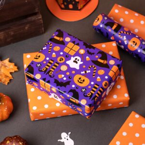 RUSPEPA Reversible Wrapping Paper Roll - Mini Roll - Pumpkin, Witch Hat, Bat and Ghost Pattern Great for Halloween, Party, Baby Shower - 17 Inches X 32.8 Feet