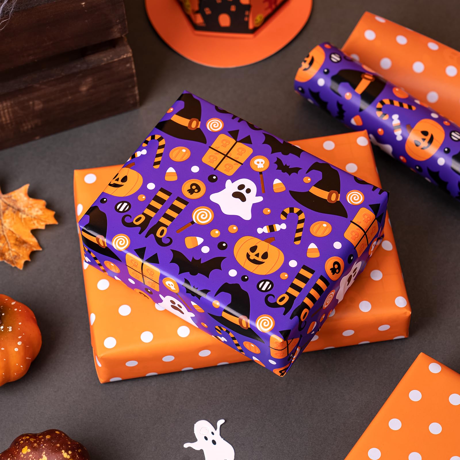 RUSPEPA Reversible Wrapping Paper Roll - Mini Roll - Pumpkin, Witch Hat, Bat and Ghost Pattern Great for Halloween, Party, Baby Shower - 17 Inches X 32.8 Feet