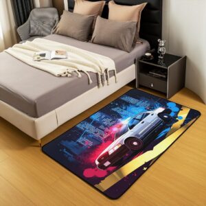 Police Car Area Rug 3x5 Cartoon Police Van Carpet for Teens Boys,Policeman Vehicle Car Accent Rug Set Red Blue Cop Lights Truck Rug Emergency Strobe Light Decor for Bedroom Playroom Living Room