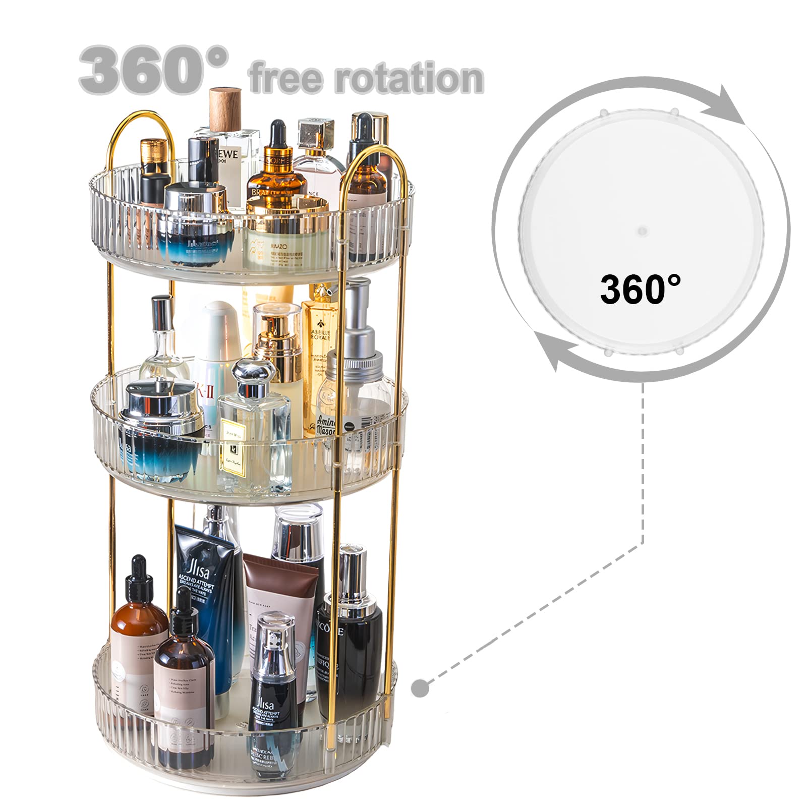 360 Rotating Makeup Organizer for Vanity 3 Tier, Easy to Assemble Spinning Bathroom Organizer, High-Capacity Skincare Perfume Organizers Cosmetic Display Case,Fits Countertop and Bathroom