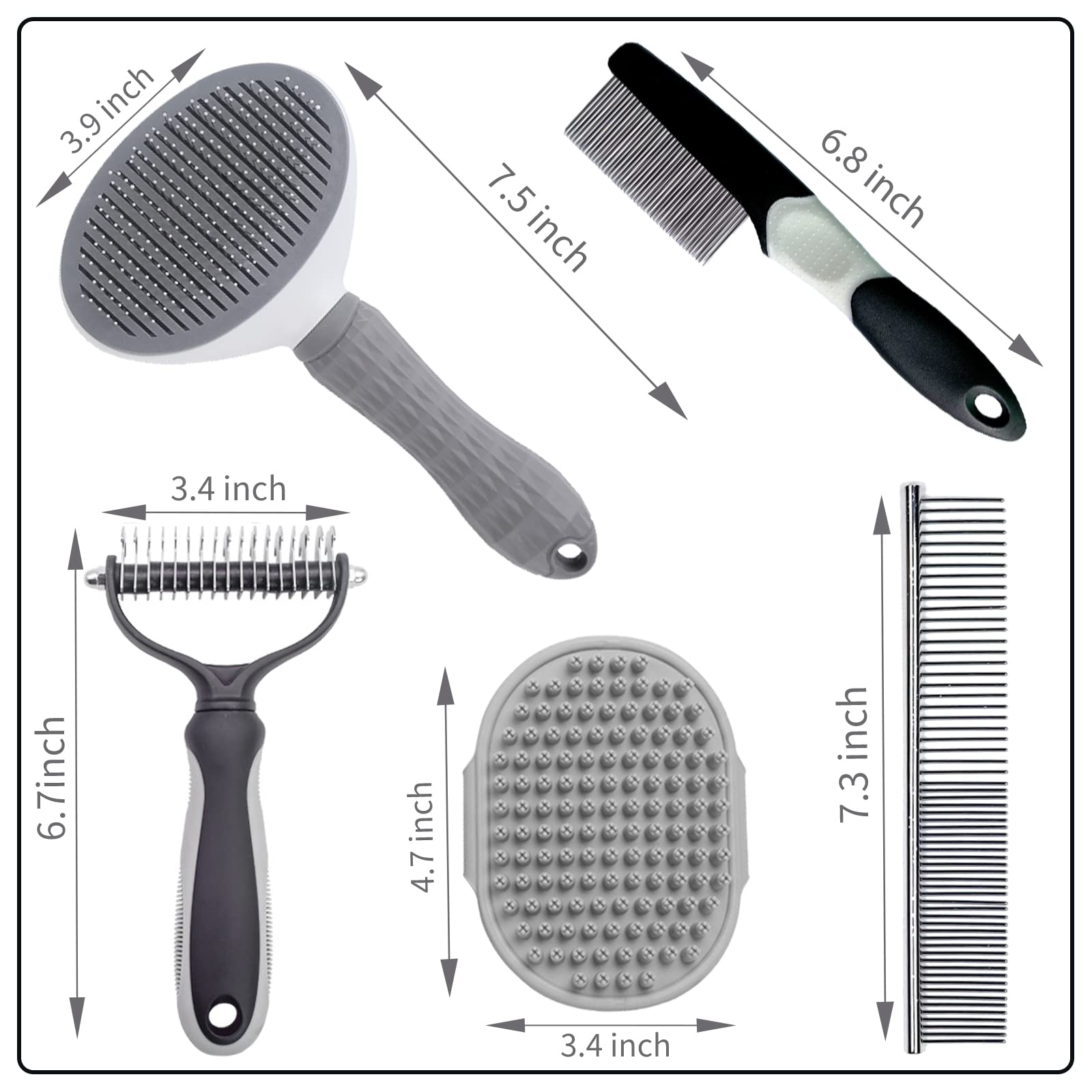 5PCS Grooming Kit for Dog,Puppy- Deshedding & Slicker Brush for Short-Haired Pets, Flea Comb and Grooming Comb Set Grey