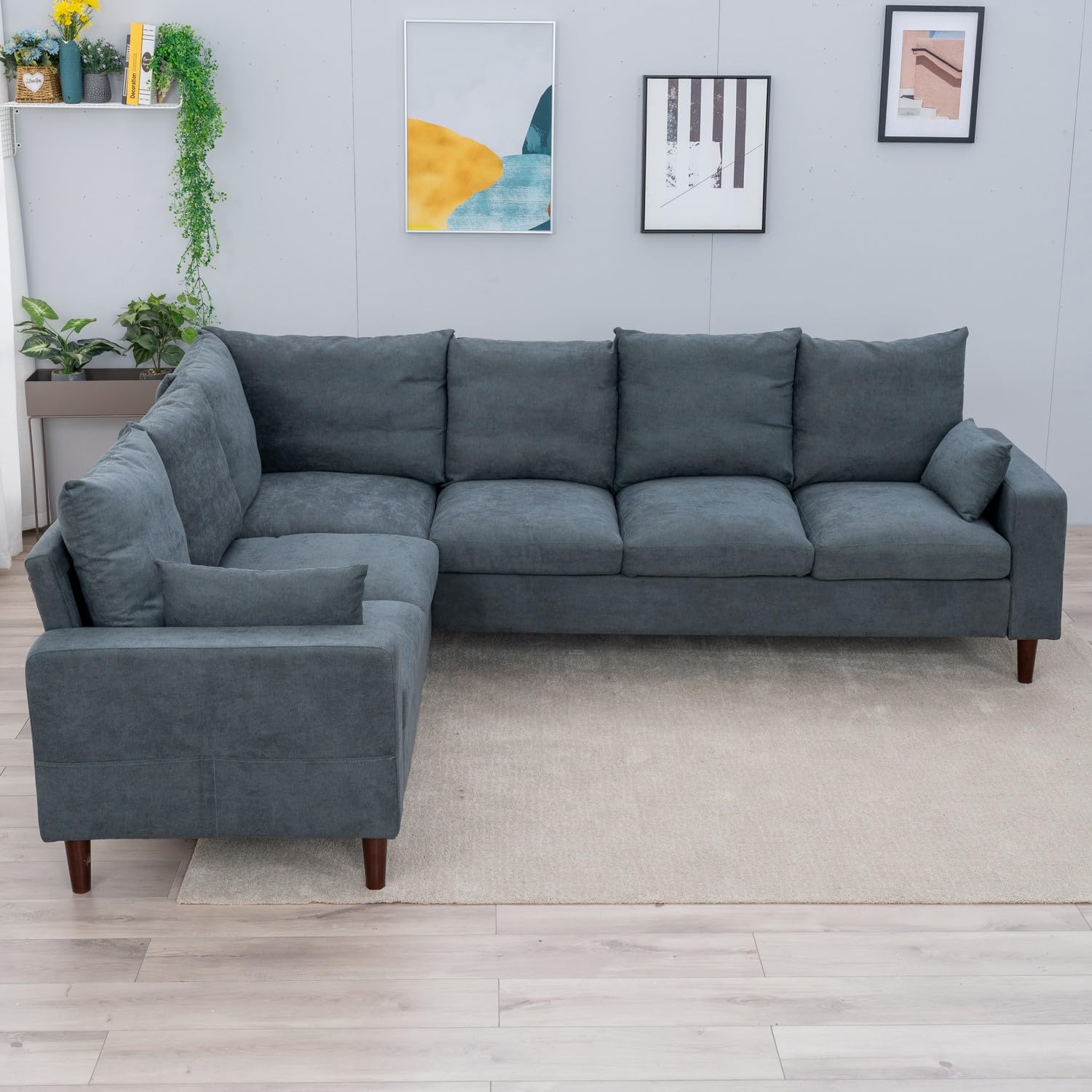 Panana 100 inches Sectional Sofa Couch for Living Room, Modern Gray Fabric L-Shaped 6 Seat Sofa Corner Couch with, Upholstered Sofa withSolid Wood Legs for Home Office