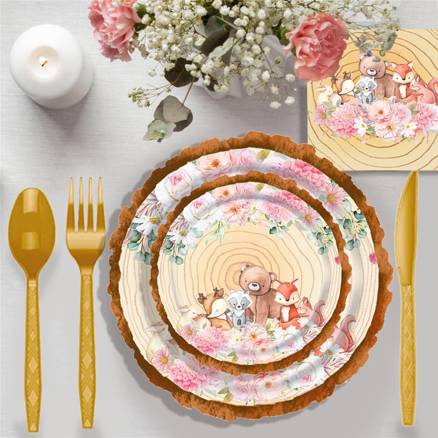 Woodland Baby Shower Decorations for Girls, Baby Shower Plates Cups and Napkins Sets 24 Guests, Baby Girl Shower Decoration Birthday Party Supplies, 168Pcs Animal Floral Party Paper Plates