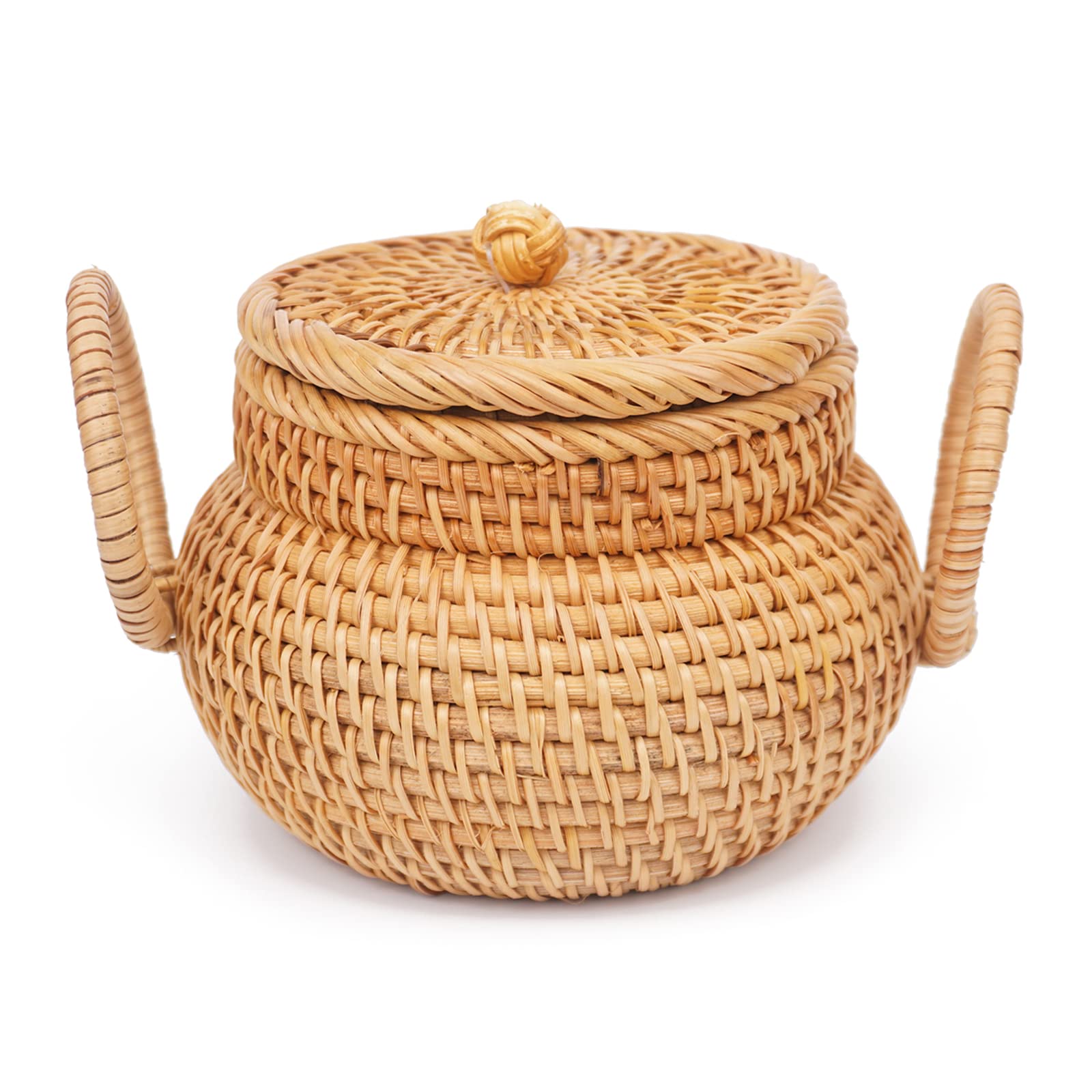 Small Rattan Basket with Lid, Rattan Basket Organizer with Handle, Rattan Snacks Basket Candy Bowl Rustic Woven Basket for Shelf Table Office Decor