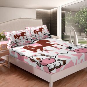 horse fitted sheet twin size kids cow print bedding set for boys girls teens cute farmhouse animal bed sheet set breathable bed cover deep pocket pink western decor room decor