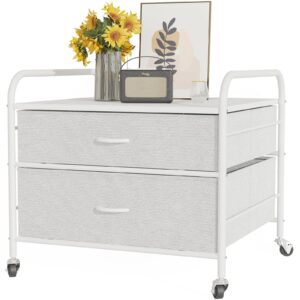 alavoco 2 drawer dresser, 120lbs fabric storage tower, 2 drawer storage cart, mini fridge stand with storage, metal frame iron top, 4 swivel wheels for home kitchen, white