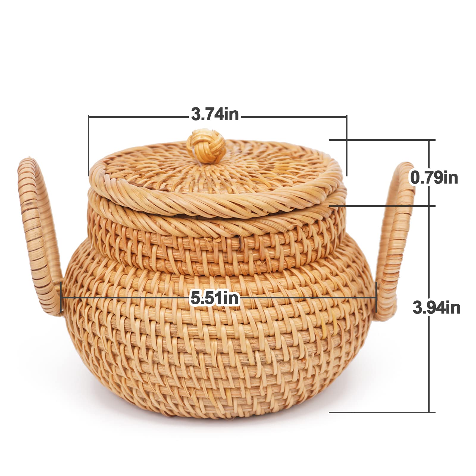 Small Rattan Basket with Lid, Rattan Basket Organizer with Handle, Rattan Snacks Basket Candy Bowl Rustic Woven Basket for Shelf Table Office Decor