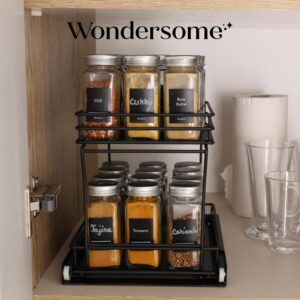 Wondersome Pull-Out Spice Rack Organizer for Cabinet Shelf - Matt Black - 2-Tier Kitchen Jars Organization and Storage Tray - EZ-Slide Rolling Drawer Wheels - Assembles in Moments - US-Based Brand