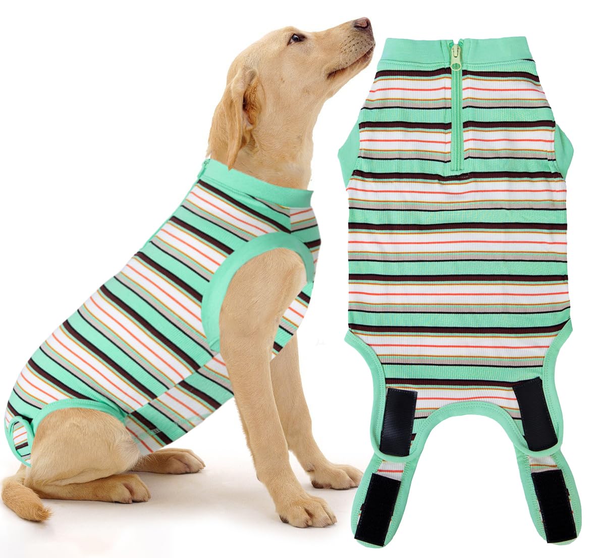 Wabdhaly Dog Surgery Recovery Suit,Surgical Recovery Suit for Large Female Dgos Spay,Zipper Closure,Combed Cotton Breathable Onesie,Multi Green Striped XX-Large