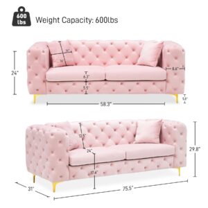 DAMAIFROM 75 Inch Sofa Couch Set of 2, Modern Upholstered Couch Tufted Velvet Sofa High Arm and Metal Gold Legs Decor with 2 Piilows Big Comfy Couch for Living Room, Pink