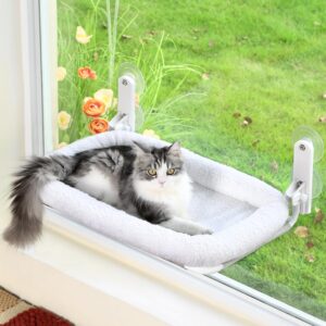 zakkart foldable cat hammock for window - cordless, embeded machine washable padded bed, robust metal frame - cat window perch for large cats and kittens (white bolster bed, medium)