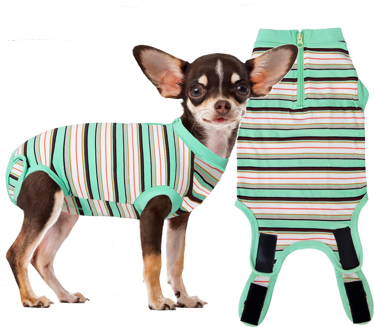 Wabdhaly Dog Surgery Recovery Suit,Surgical Recovery Suit for Small Female Dgos Spay,Zipper Closure,Combed Cotton Breathable Onesie,Multi Green Striped XS