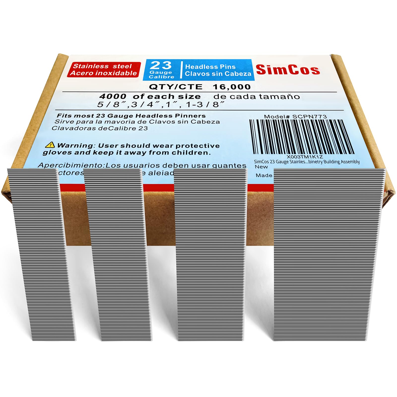 SimCos 23 Gauge Stainless Steel Pinner Nails (5/8",3/4",1",1-3/8") assorted 4 sizes' Headless Pin Nails for 23 GA Pneumatic or Electric Pin nailer or pin nail gun,Project Pack (4000)