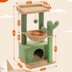 PEQULTI 4-in-1 Cactus Cat Tree, 33'' Cat Tower for Indoor Cats with Large Cat Condo, Cat Scratching Post for Cats with Deep Hammock& Cozy Top Perch,Green