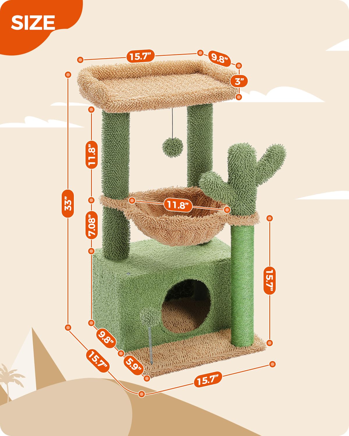 PEQULTI 4-in-1 Cactus Cat Tree, 33'' Cat Tower for Indoor Cats with Large Cat Condo, Cat Scratching Post for Cats with Deep Hammock& Cozy Top Perch,Green