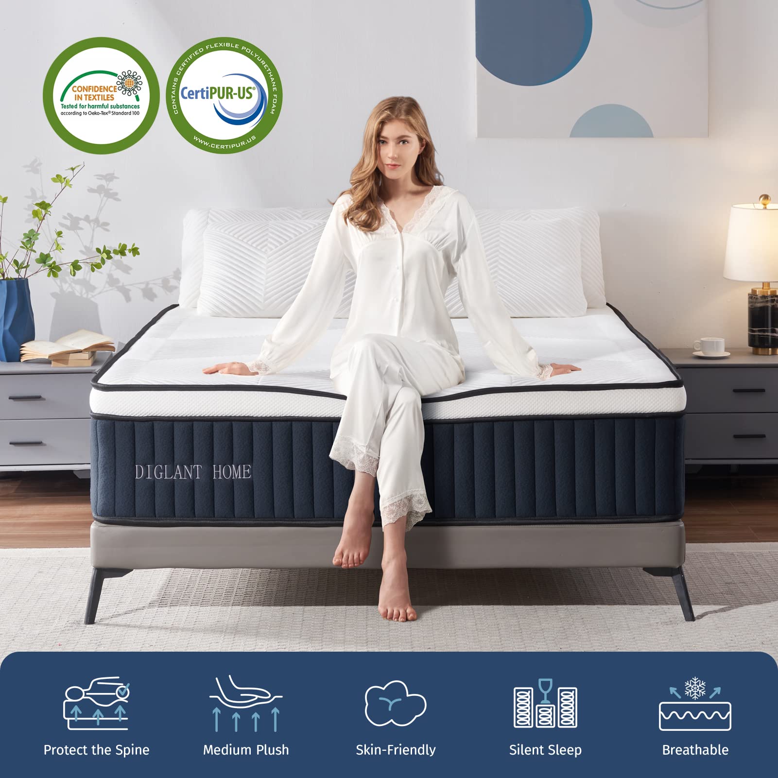 Twin Mattress, DIGLANT 14 Inch Euro Top Hybrid Memory Foam Mattress with Pocket Springs, Medium Plush Feel Twin Size Mattress in a Box, Supportive & Pressure Relief, CertiPUR-US Certified, 39"*75"