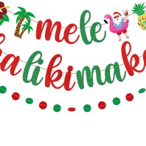 Mele Kalikimaka Banner Red Green Glitter, Hawaiian Christmas Banner, Summer Christmas Party Decorations, Hawaiian Tropical Theme Christmas Holiday Party Decorations Supplies