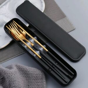 Black and Gold Cutlery Set with Cases Stainless Steel Flatware Set Portable Reusable Cutlery Set Travel Utensils Set Including Chopsticks Knife Spoon and Case