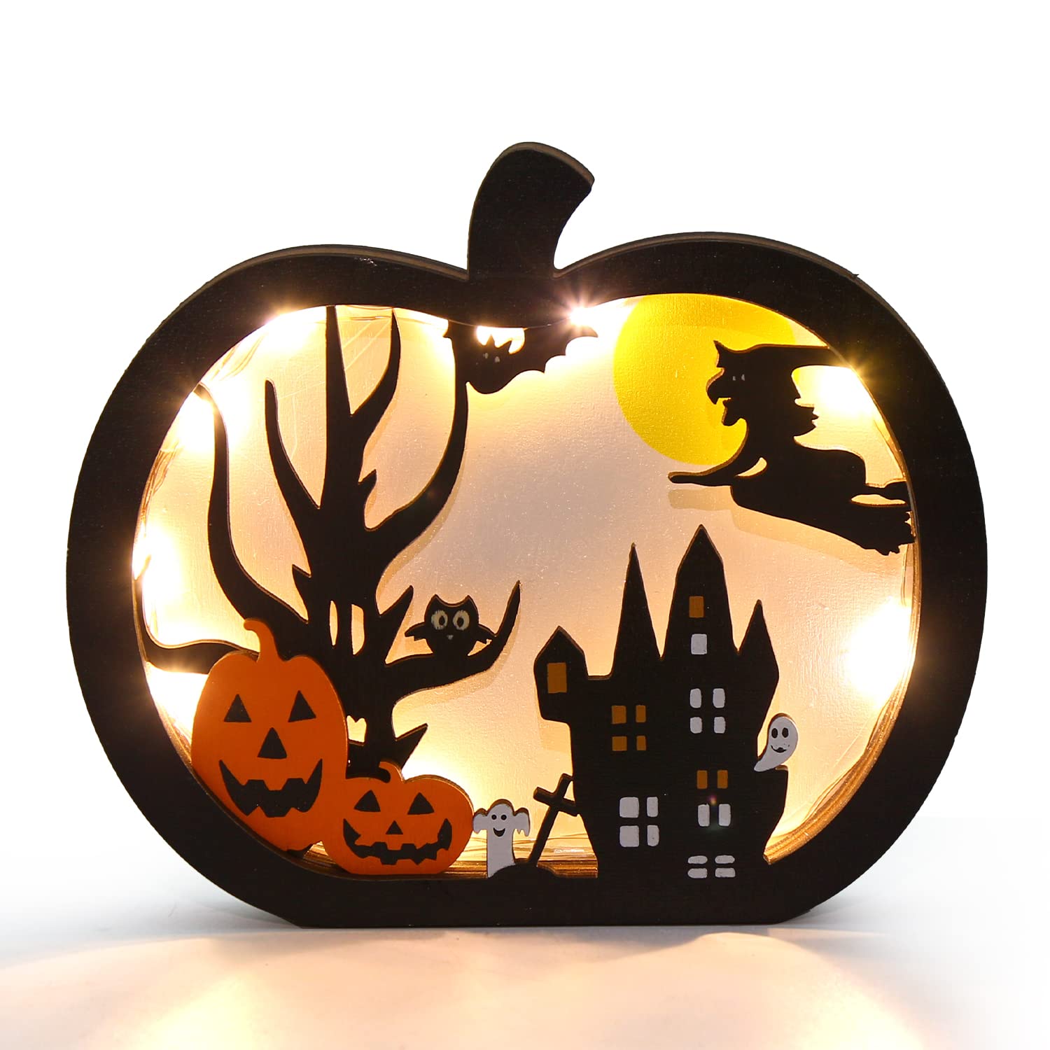 FOIMAS Halloween Wooden Table Sign,Light Up Pumpkin Table Centerpiece Topper for Halloween Table Top Party Decoration Supply（UPGRATED)