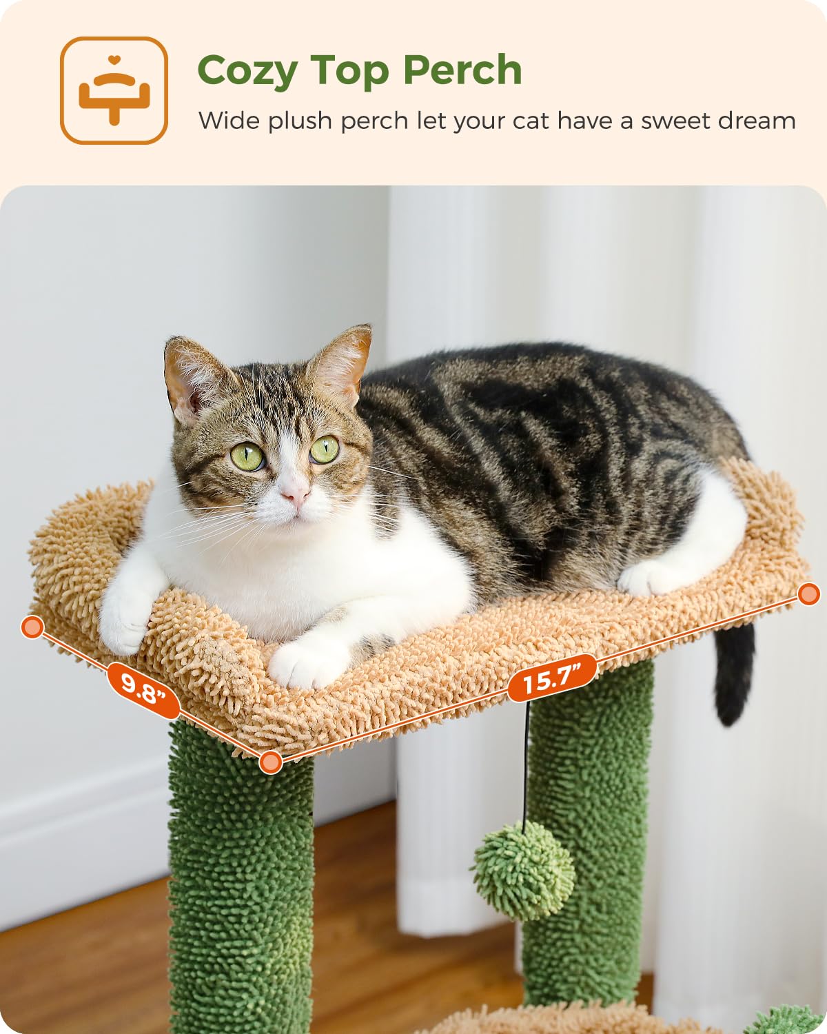 PEQULTI 4-in-1 Cactus Cat Tree, 33'' Cat Tower for Indoor Cats with Large Cat Condo, Cat Scratching Post for Cats with Deep Hammock& Cozy Top Perch,Green