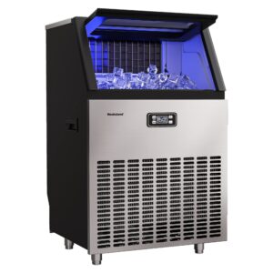 restisland commercial ice maker machine, 200 lbs/24 hours, 48 lbs storage bin, stainless steel, blue light, freestanding, great for home or business, includes ice scoop, connecting hose