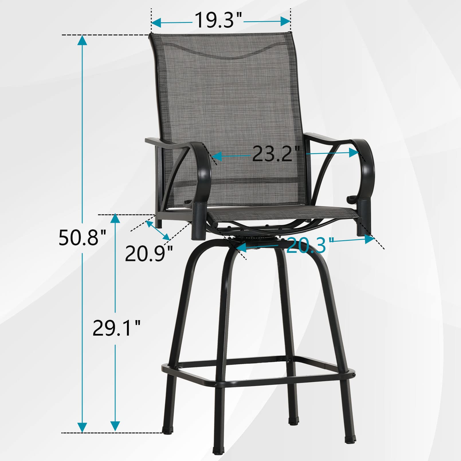 HERA'S HOUSE Patio Bar Stools Set of 2, Outdoor Swivel Bar Height Patio Chairs with Solid Back & Armrest, All Weather Textilen Fabric High Top Chair for Lawn Garden, Grey