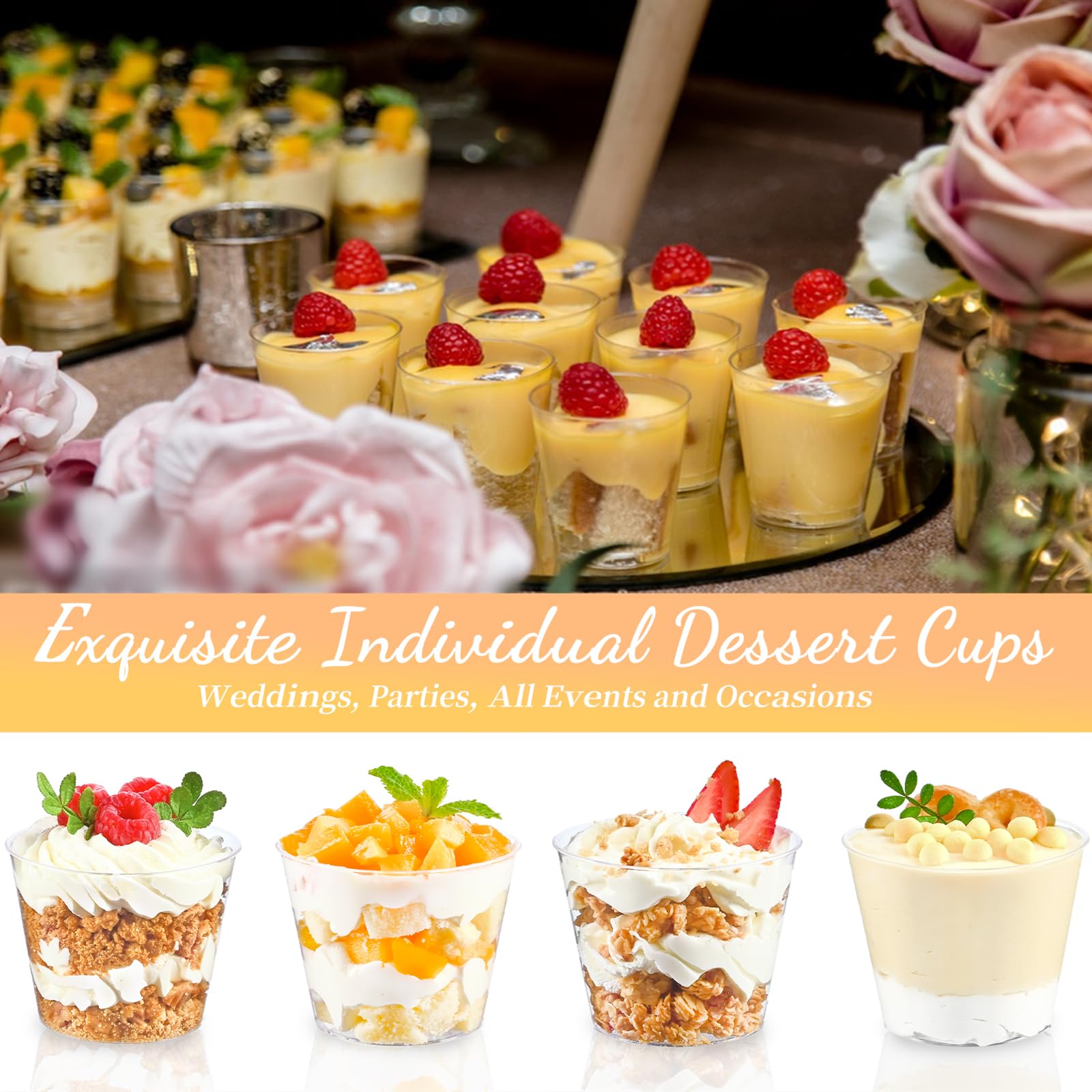 TOFLEN 50 Pack 5 oz Mini Dessert Cups with Spoons, Round Cake Cups Party Serving Cups for Parfait, Appetizers, Cocktails, Dessert Shooters & Dessert Shot Glasses