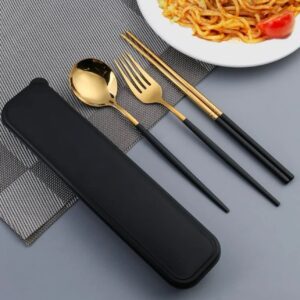 Black and Gold Cutlery Set with Cases Stainless Steel Flatware Set Portable Reusable Cutlery Set Travel Utensils Set Including Chopsticks Knife Spoon and Case