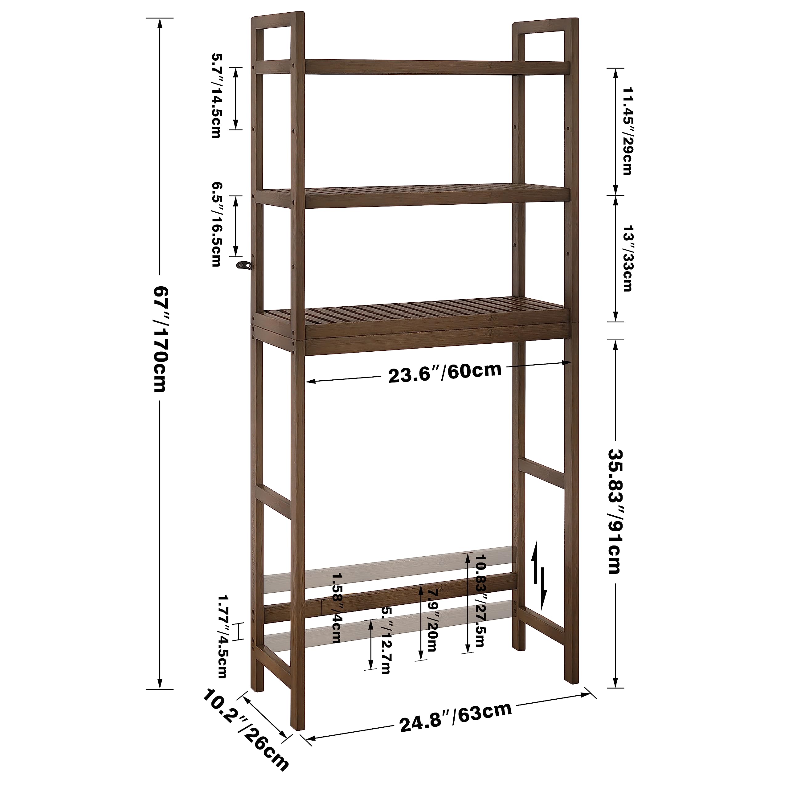 SMIBUY Bathroom Storage Shelf, Bamboo Over-The-Toilet Organizer Rack, Freestanding Toilet Space Saver with 3-Tier Adjustable Shelves (Walnut)