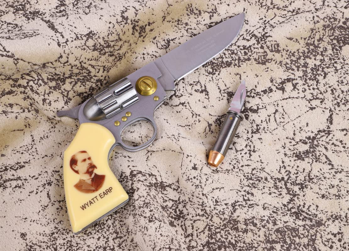 Trendy Zone 21 Folding Wyatt Earp Folding Knife, 7.5 inch Open Pocket Knife with Printed Portrait of Wyatt Earp| Comes with Small Knife 2.75" long (Open) with a printed Collectible Tin Box