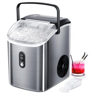 nugget ice makers countertop, crushed ice maker with handle,35lbs/24h,soft chewable ice, pebble ice maker with self-cleaning, ice scoop and ice basket,for home,office,kitchen,stainless steel (silver)